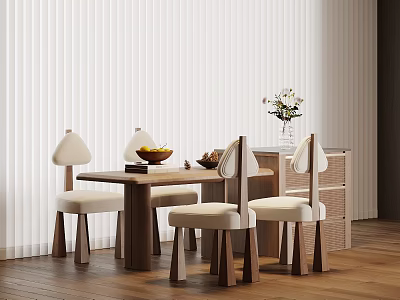 Modern Dining Area Featuring Wooden Island With Chairs Fruit Bowl And Vase Decoration 3d model