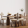 Modern Dining Area Featuring Wooden Island With Chairs Fruit Bowl And Vase Decoration