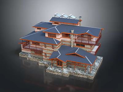 Traditional Multi Story House with Blue Roof Solar Panels Wooden Structure Balconies and Stone Base 3d model