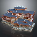 Traditional Multi Story House with Blue Roof Solar Panels Wooden Structure Balconies and Stone Base