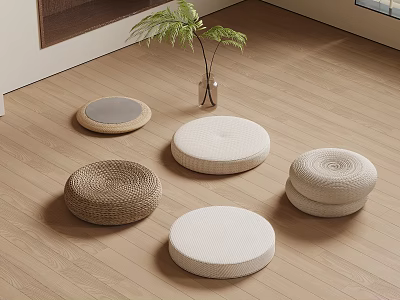 Cozy Round Floor Cushions In Minimalist Room 3d model