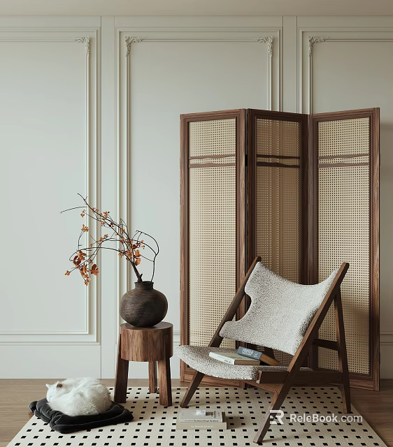 Modern Leisure Chair with Wooden Frame Light Cushion Near Woven Screen Table Vase and Branches 3d model 