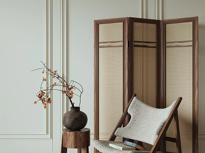 Modern Leisure Chair with Wooden Frame Light Cushion Near Woven Screen Table Vase and Branches 3d model
