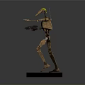 Brown Lego Style Robot Figure With Yellow Headlight Holding Blaster on Black Base Mechanical Design
