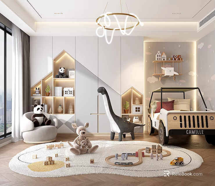 Playful Kids Room Interior With Cloud Chandelier Dinosaur Shelf And Toy Car Bed 3d model 