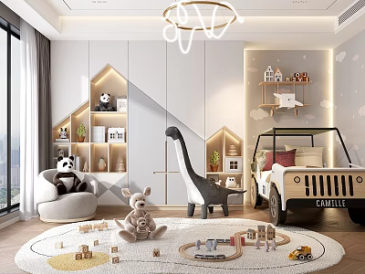 Playful Kids Room Interior With Cloud Chandelier Dinosaur Shelf And Toy Car Bed 3d model