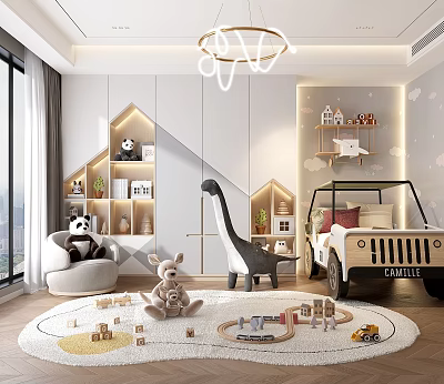 Playful Kids Room Interior With Cloud Chandelier Dinosaur Shelf And Toy Car Bed 3d model