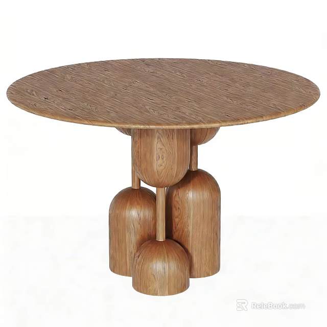 Round Wooden Dining Table With Unique Base And Cylindrical Pillar Design 3d model