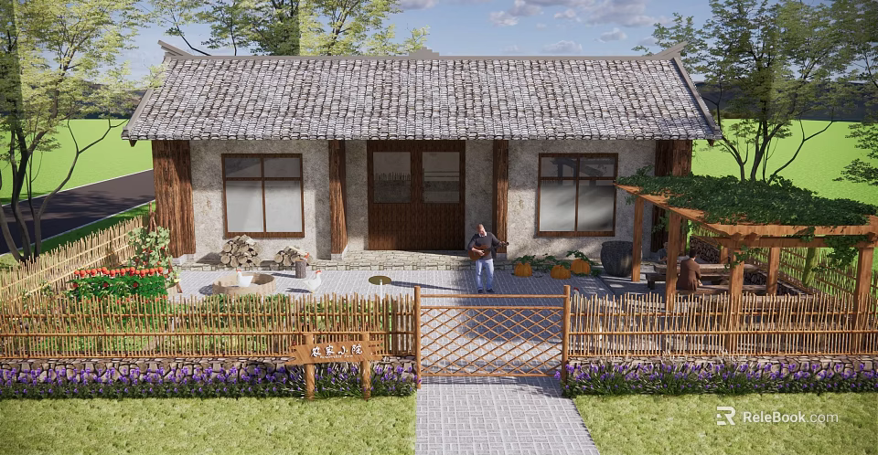 Rural Landscape Featuring Traditional House Gray Tile Roof Bamboo Fence Purple Flowers And Stone Mill 3d model 