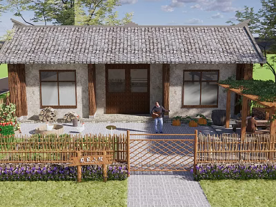 Rural Landscape Featuring Traditional House Gray Tile Roof Bamboo Fence Purple Flowers And Stone Mill 3d model