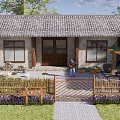 Rural Landscape Featuring Traditional House Gray Tile Roof Bamboo Fence Purple Flowers And Stone Mill