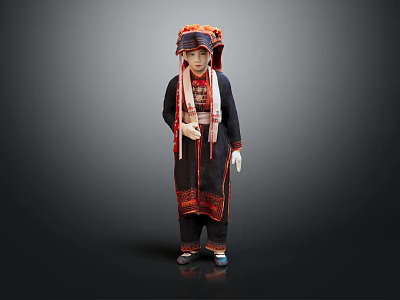 Traditional Ethnic Character in Red Black Costume With Ornate Hat And Animal Embroidery Patterns 3d model