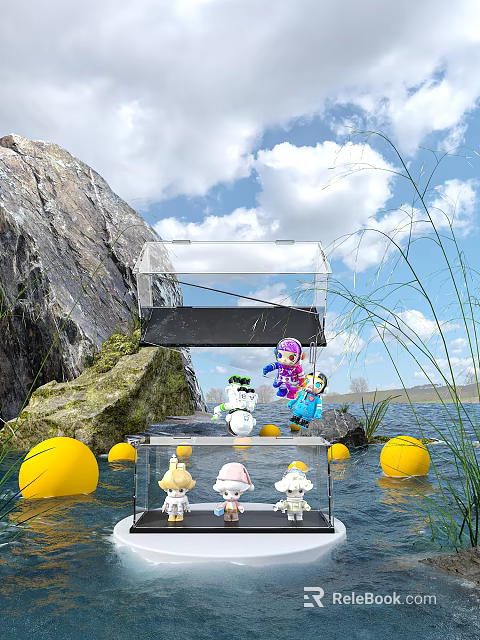 Clear Display Showcase Shelf Exhibiting Cute Dolls On Water With Yellow Buoys And Rocks 3d model 