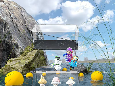 Clear Display Showcase Shelf Exhibiting Cute Dolls On Water With Yellow Buoys And Rocks 3d model