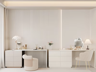 Modern White Dressing Table With Drawers Stool Lamp And Vase Decor Elements 3d model