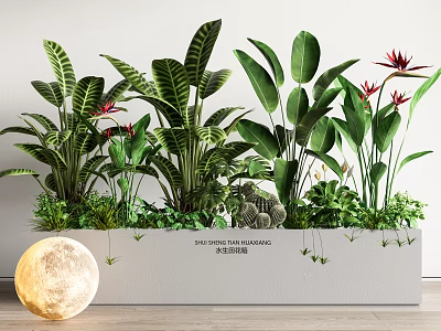 Bonsai Potted Plants Featuring Large Green Leaves and Red Flowers in White Rectangular Planter 3d model