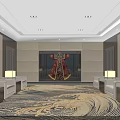 Elegant Reception Interior With White Sofas Coffee Tables Large Windows And Patterned Carpet 3d model