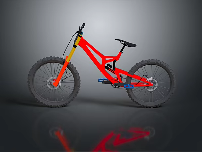 Mountain Bike Featuring Red Frame Yellow Fork Large Tires Black Seat And Reflection 3d model