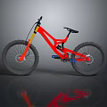 Mountain Bike Featuring Red Frame Yellow Fork Large Tires Black Seat And Reflection
