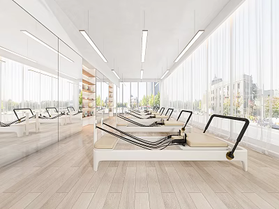 Spacious Pilates Studio With Reformers Mirrors Wooden Floors And Large Windows 3d model
