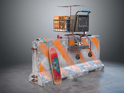Concrete Barrier Orange White Stripes Red Skateboard Blue Design Cart Old TV Cage STOP Sign 3d model
