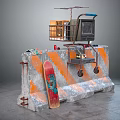 Concrete Barrier Orange White Stripes Red Skateboard Blue Design Cart Old TV Cage STOP Sign