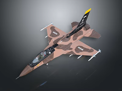 Camouflage Military Jet Airplane With Brown Black Paint And Yellow Tip Tail Fin 3d model