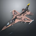 Camouflage Military Jet Airplane With Brown Black Paint And Yellow Tip Tail Fin