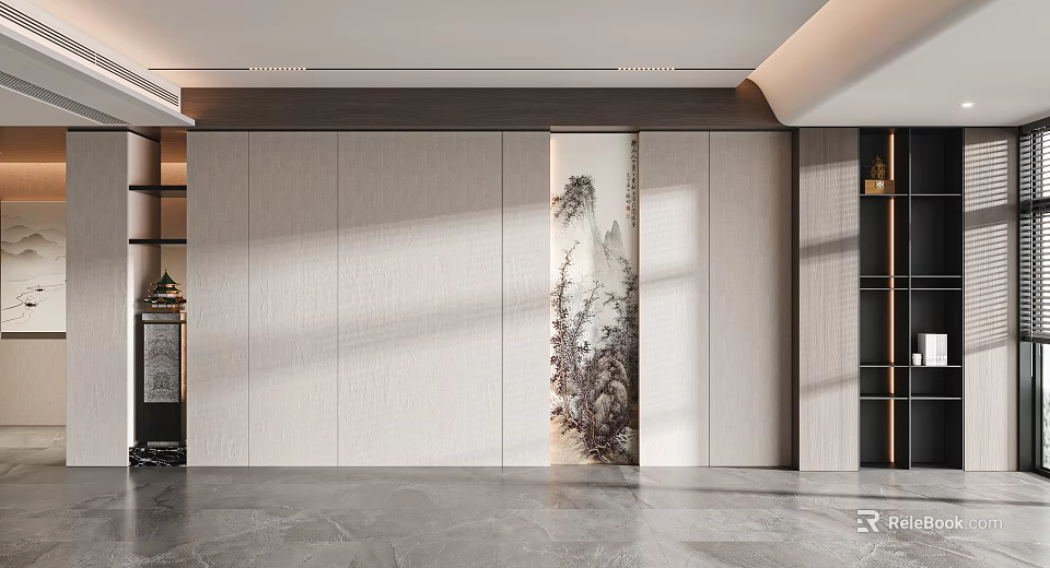 Modern Living Room Background Wall With Landscape Art 3d model