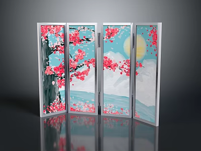 Four Panel Room Divider Screen With Cherry Blossom Moon And Blue Artistic Design 3d model