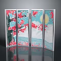 Four Panel Room Divider Screen With Cherry Blossom Moon And Blue Artistic Design 3d model