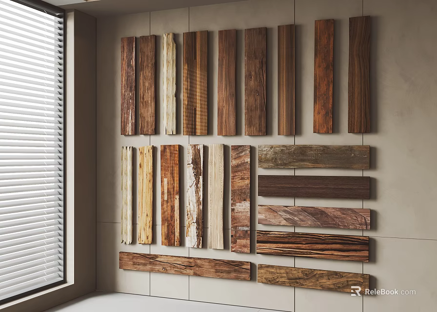 Stone Wood Material Samples Displayed On Wall With Various Textures And Finishes 3d model