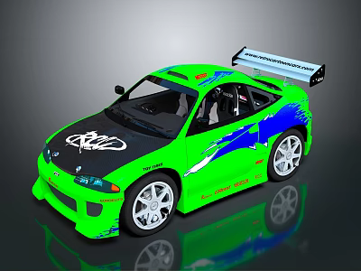 Green Modified Racing Car With Blue Orange Flame Decals Rear Spoiler SHAD Logo White Wheels 3d model