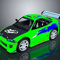 Green Modified Racing Car With Blue Orange Flame Decals Rear Spoiler SHAD Logo White Wheels