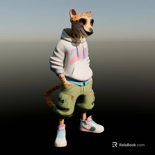 Cheetah Man In White Hoodie With Green Cargo Shorts And Sneakers 3d model 