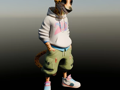 Cheetah Man In White Hoodie With Green Cargo Shorts And Sneakers 3d model