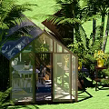 Glasshouse Garden Interior With Green Wall Table Chairs Hanging Lamp And Lush Green Plants