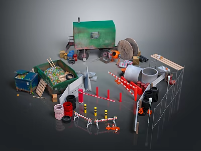 Construction Site Setup Featuring Portable Building Concrete Mixer Waste Bin Traffic Cones And Barriers 3d model