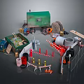 Construction Site Setup Featuring Portable Building Concrete Mixer Waste Bin Traffic Cones And Barriers