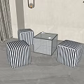 Stylish Striped Stools And Square Table In Modern Interior With Plant And Curtains
