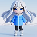 Cute Cartoon Girl With White Hair Blue Eyes Wearing Blue Puffer Jacket In Snowy Background