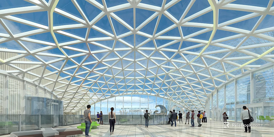 Modern Geometric Glass Roof Interior With People In Public Architectural Space 3d model 