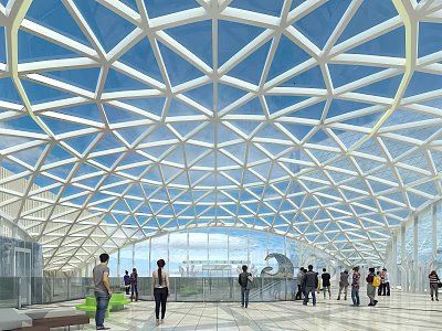 Modern Geometric Glass Roof Interior With People In Public Architectural Space 3d model