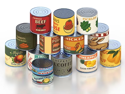 Assorted Canned Food Collection With Different Types Of Meat And Fruits 3d model