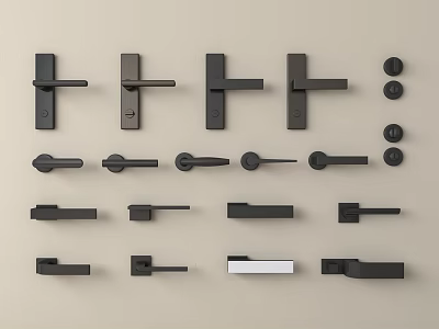 Modern Black Door Handles Featuring Various Designs On Light Colored Background 3d model
