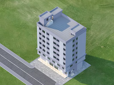 Multi Story Residential Building Exterior With Flat Roof Green Grass And Road 3d model