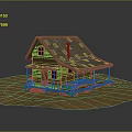 Rustic Wooden Cabin With Tiled Roof Chimney And Window On Hay Covered Ground