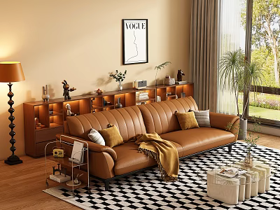 Brown Leather Multi Seater Sofa With Throw Pillows Blanket And Shelf In Bright Living Room 3d model