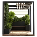 Modern Pergola Design with Black Frame Green Plants Vertical Greenery Wooden Deck and Bench