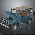 Blue Vintage SUV Toy Model With Open Hood Doors Soft Top And White Rims